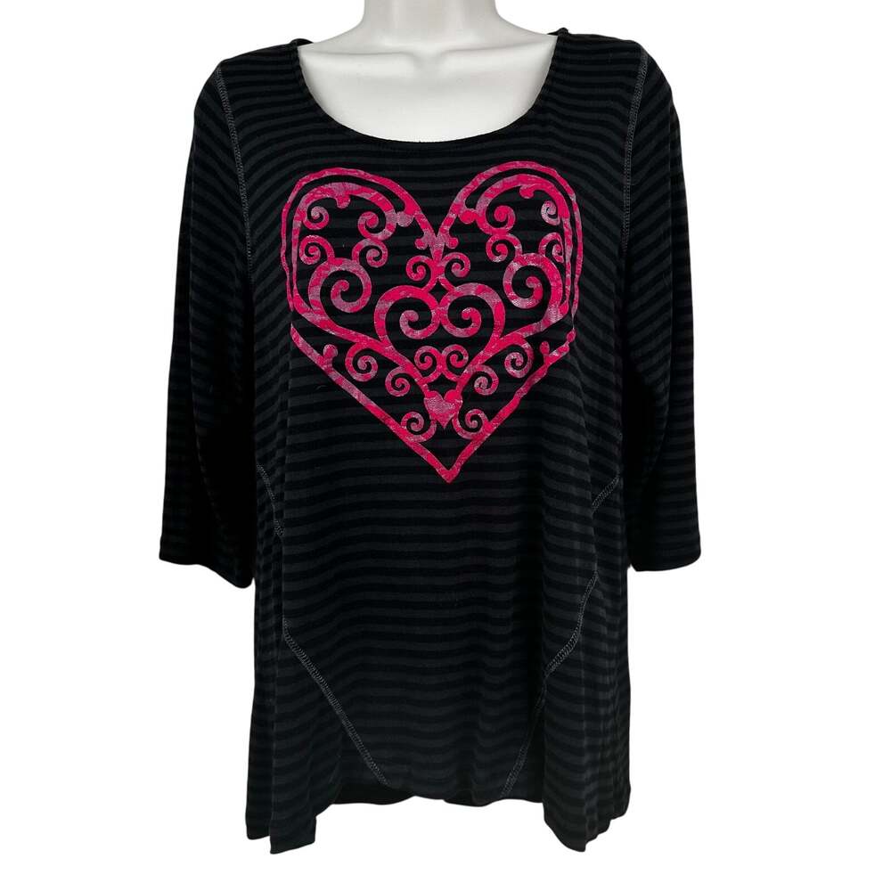 One World Striped Shirt Top Heart Graphic 3/4 Sleeve Black Pink Large